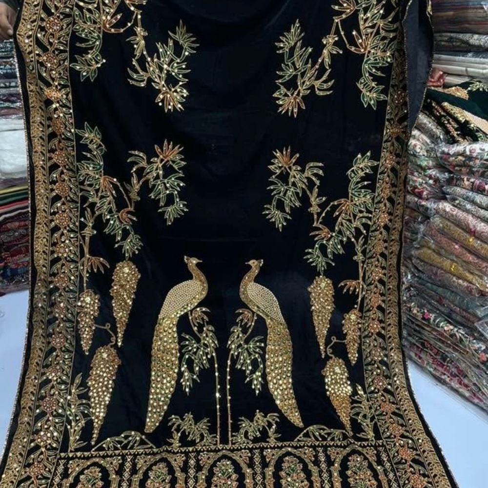 Teal Velvet Shawl with Gold Sequin Peacock Motif